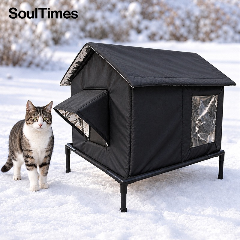 TEMU Outdoor Cat House - Features A Dual-window Design And Support Frame; Made From Oxford Fabric And Includes A Warm Mat. Windproof, Cold-resistant,