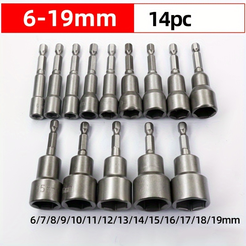 TEMU 14pcs Nut Driver Bit Set Hex Magnetic Metric Socket Impact Drill 6 To 19mm 1/4"