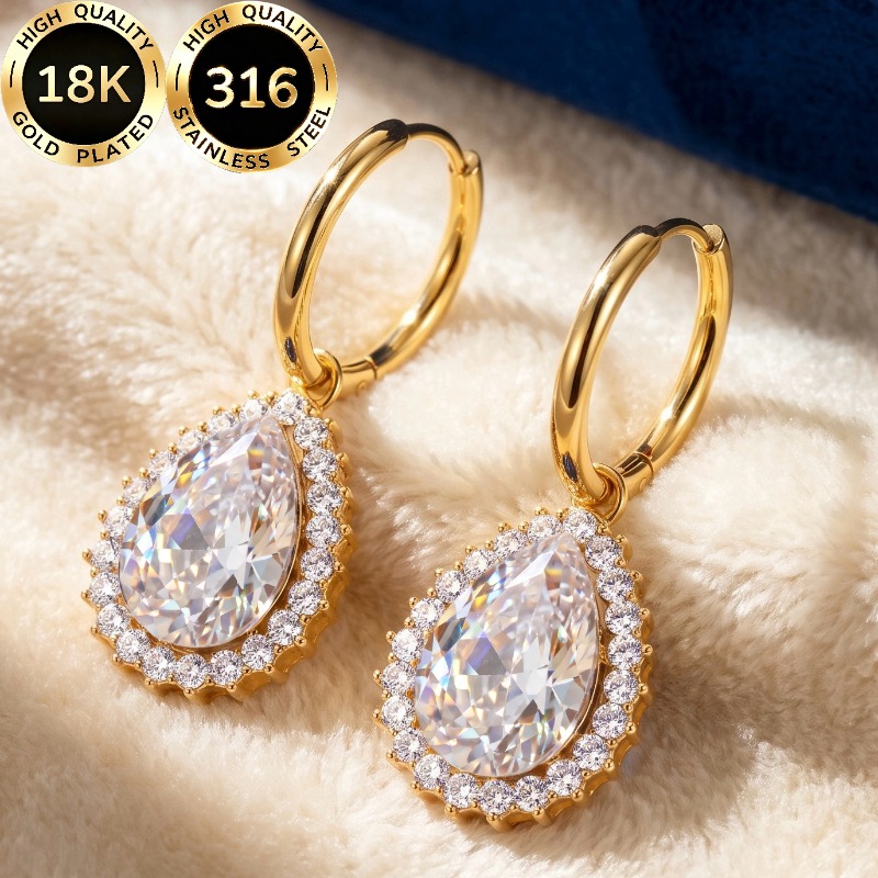 TEMU A Pair Of High-quality Steel 18k Gold-plated Hypoallergenic Earrings With A Light Luxury, Elegant, And Sparkling Teardrop Contour Design, With
