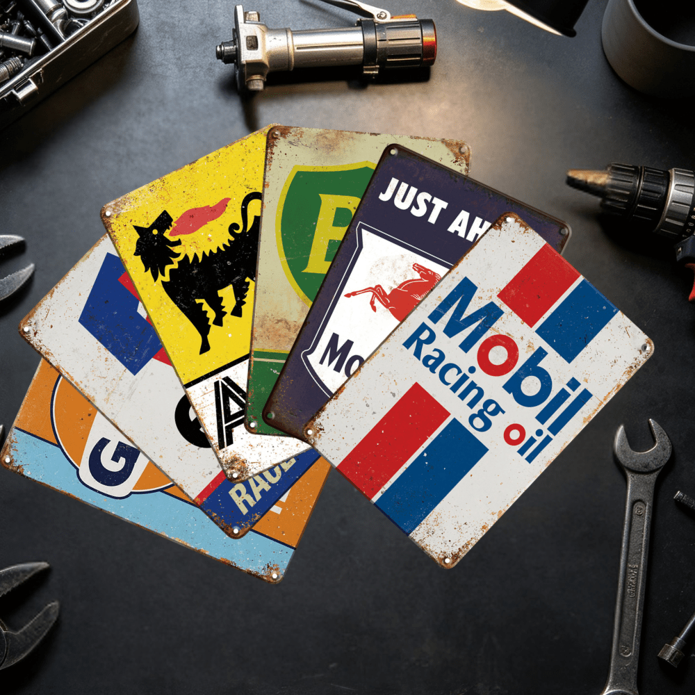 TEMU 2d Flat 6pcs Vintage Metal Sign Set - Retro Garage And For Man Cave Decor, Classic Oil And Gas Station Posters, Walls 8x12 Inches