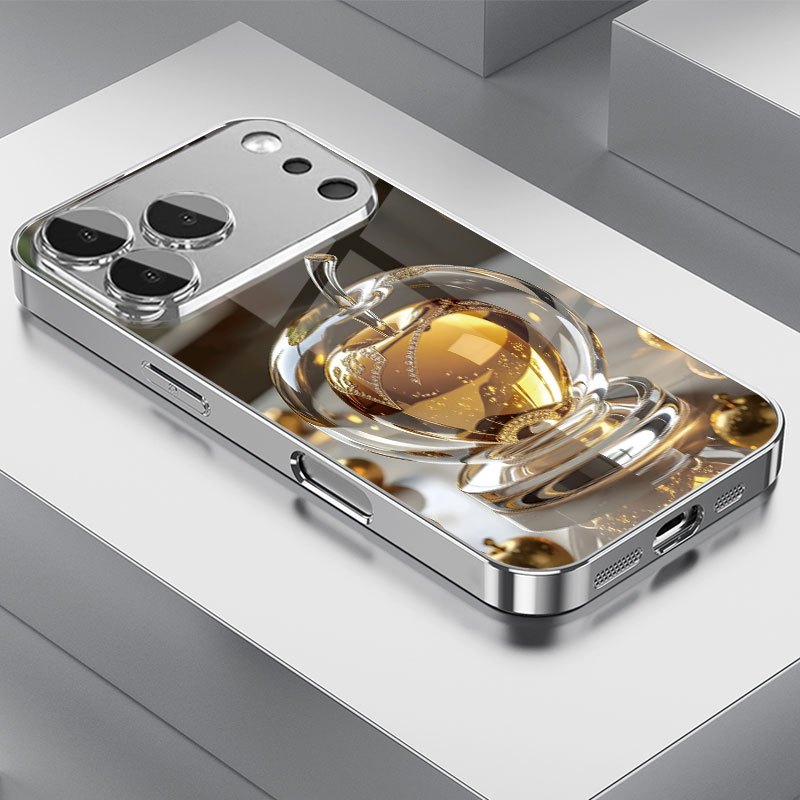 TEMU Phone Case - 1pc 2d Flat Printing Golden Pattern Silvery Plated Hd Glass Phone Case For Iphone