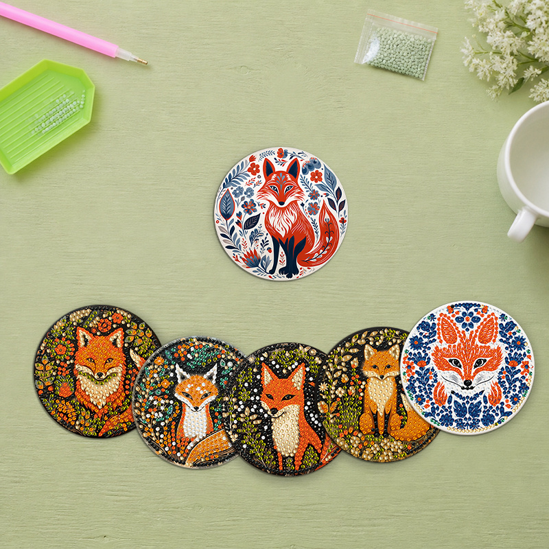 TEMU 6 Styles Bohemian Fox Diamond Painting Coasters Set Coasters, Decorative Art, Suitable For Home And Office Decoration, Housewarming, Gift For