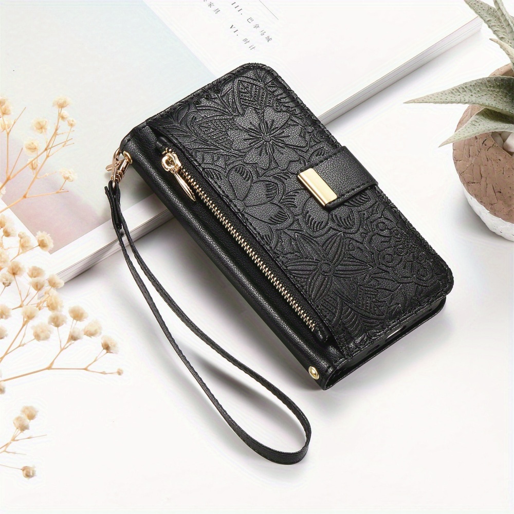 TEMU Phone Case: Solid Color Matte Faux Leather Floral Embossed Side Zipper Wallet With Multi-card Slots And Golden , Fashion Phone Case Compatible