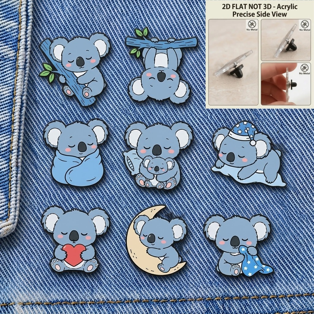 TEMU 2d Flat, 2d Flat Not 3d 8pcs Set Cartoon Koala Brooch Badge Pins, Cute Koala Decorative Pins, Acrylic Pin Badges With Silicone Back Clasps,