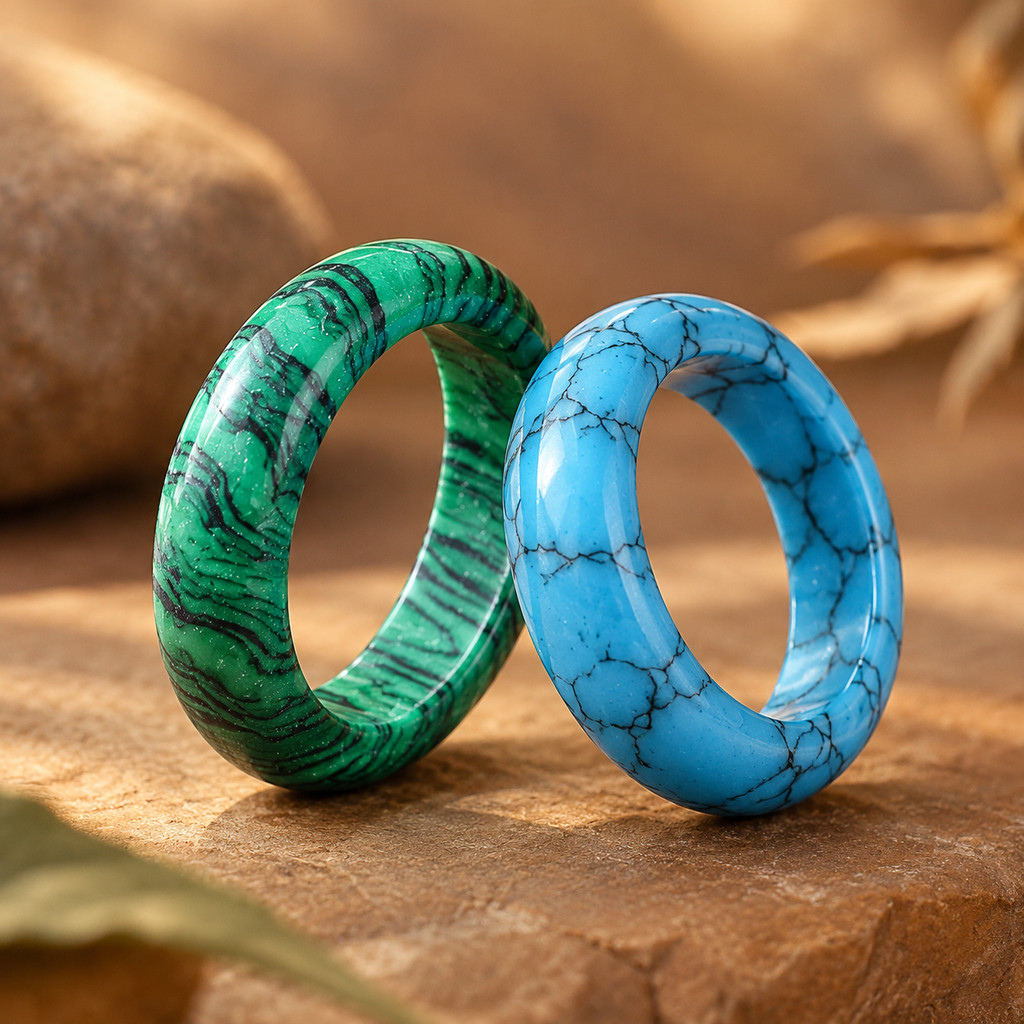 2pcs Malachite & Turquoise Stone Rings for Women, Stackable