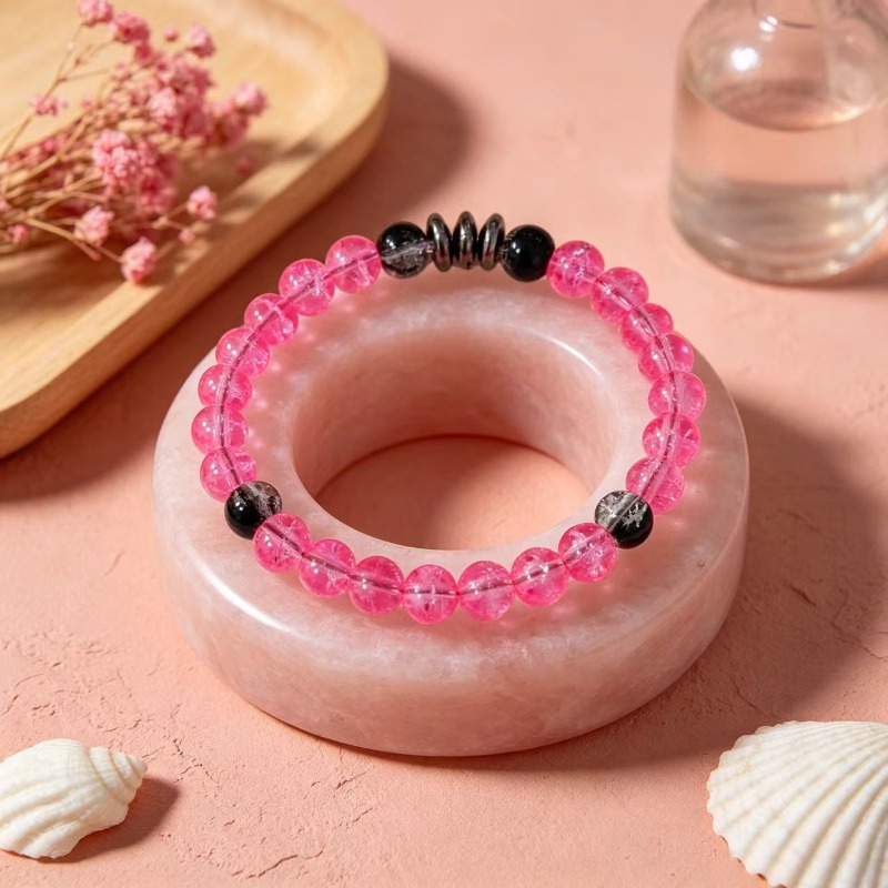 Black Spacer Pink Bead Bracelet for Daily Commuting
