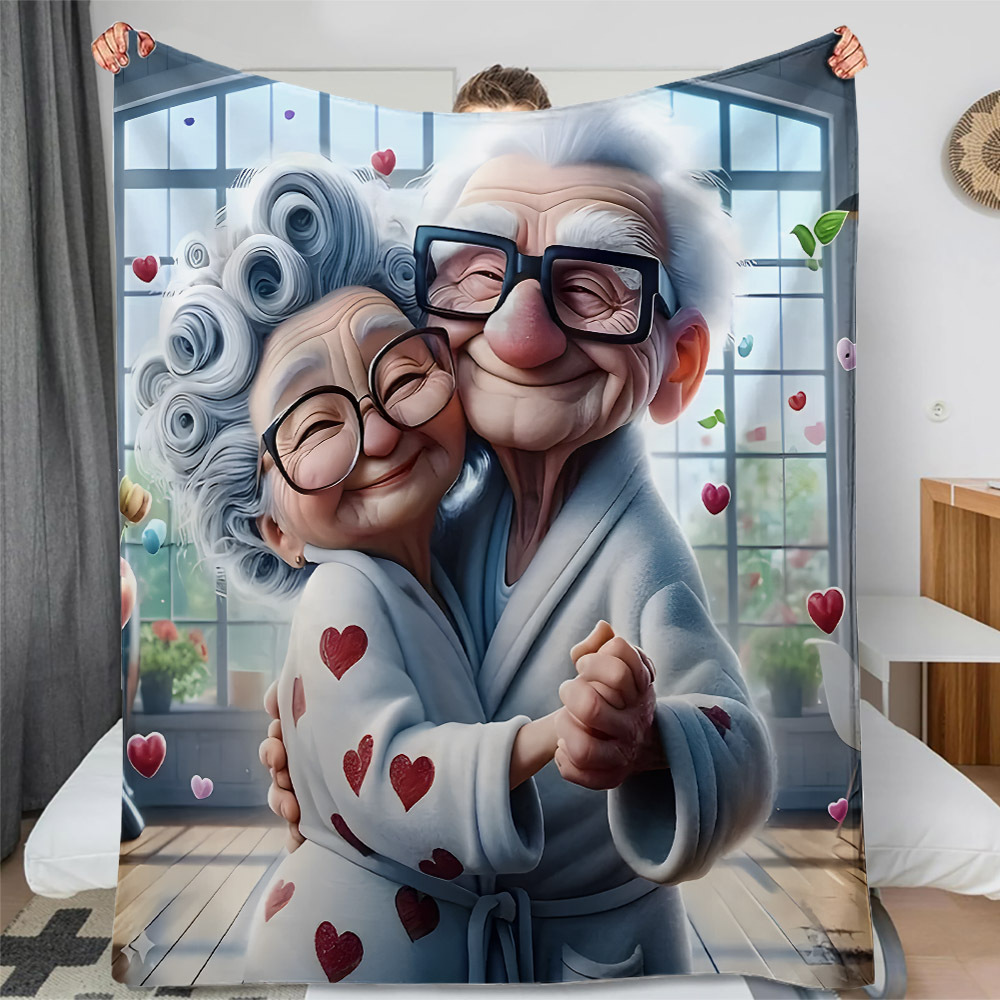 1pc cozy flannel fleece blanket with elderly dancing grandparents   warm   throw for sofa office bed camping travel multipurpose gift hypoallergenic machine washable     polyester 200 250gsm details 3