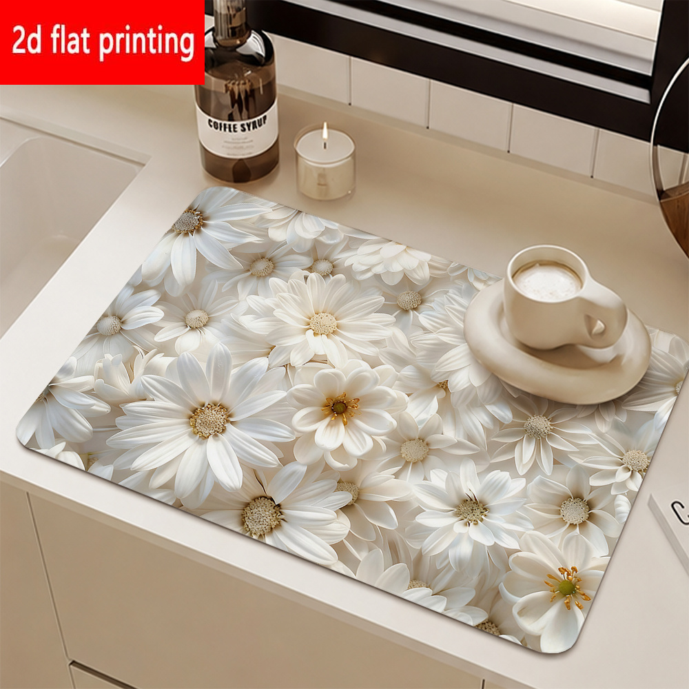 TEMU 2d Flat Printing, 1pc, -themed Absorbent Placemat, Full Print Of Blooming White Daisies, With Light Yellow , Very Suitable For Kitchen Sink,