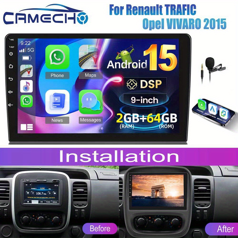 Image of Camecho 15.0 Dsp Car Stereo Radio For Trafic/ 2015(left-hand Drive) With Auto , [2g+64g] 9 Inch Hd Ips Touch Screen Build-in Gps B/ T Car Radio Wifi Ahd Backup Camera Mic
