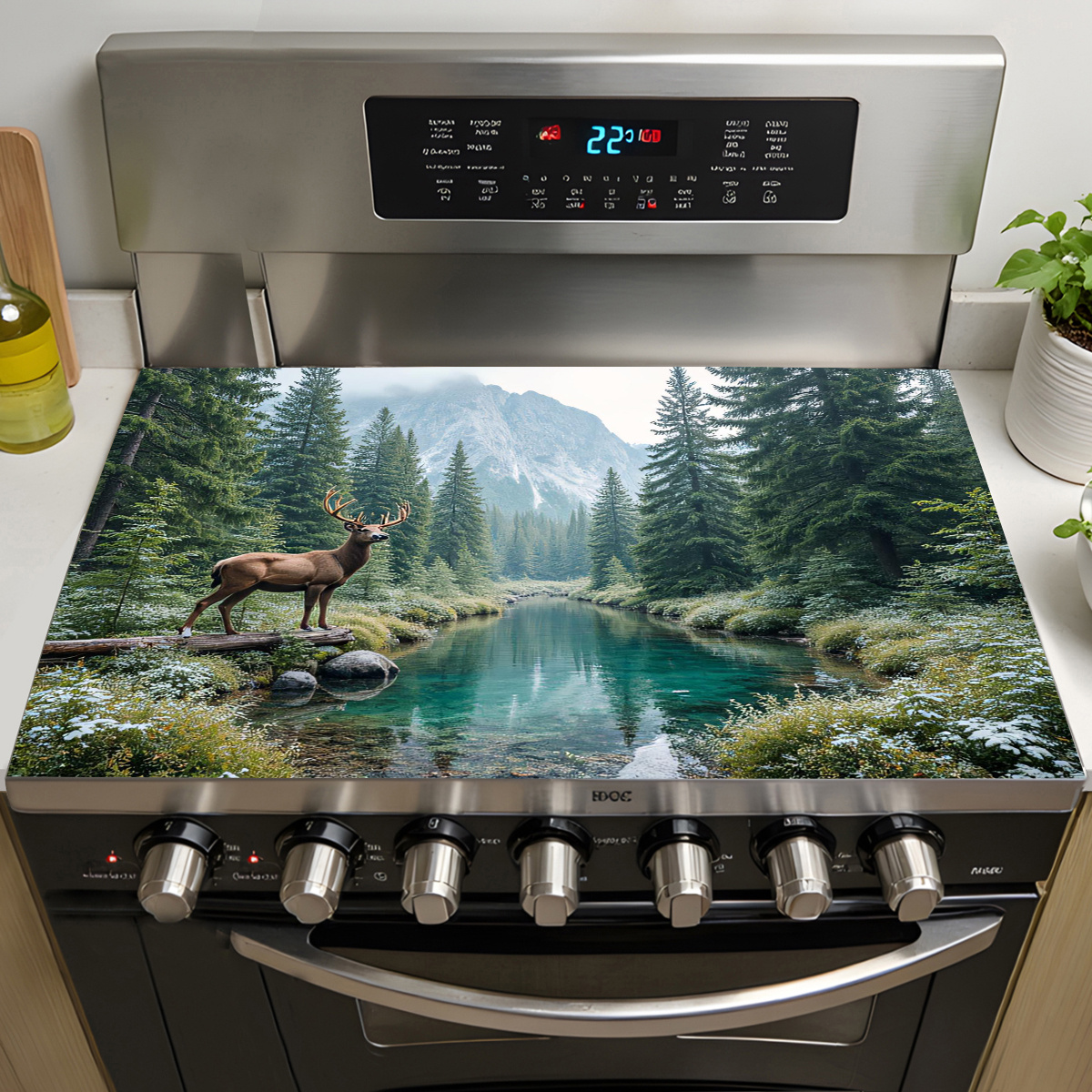 TEMU 1pc, Electric Stove Top Cover Forest Deer Stove Top Cover Nature Scene Protector Decorative Kitchen Artwork Glass Stove Top Cover, Dish Drying