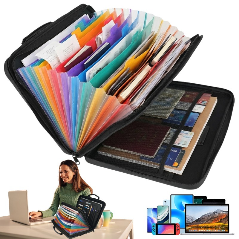 Document Storage Box, Hard Shell File Organiser With 13 Compartments, Portable With Lock, Home Office Storage Holder