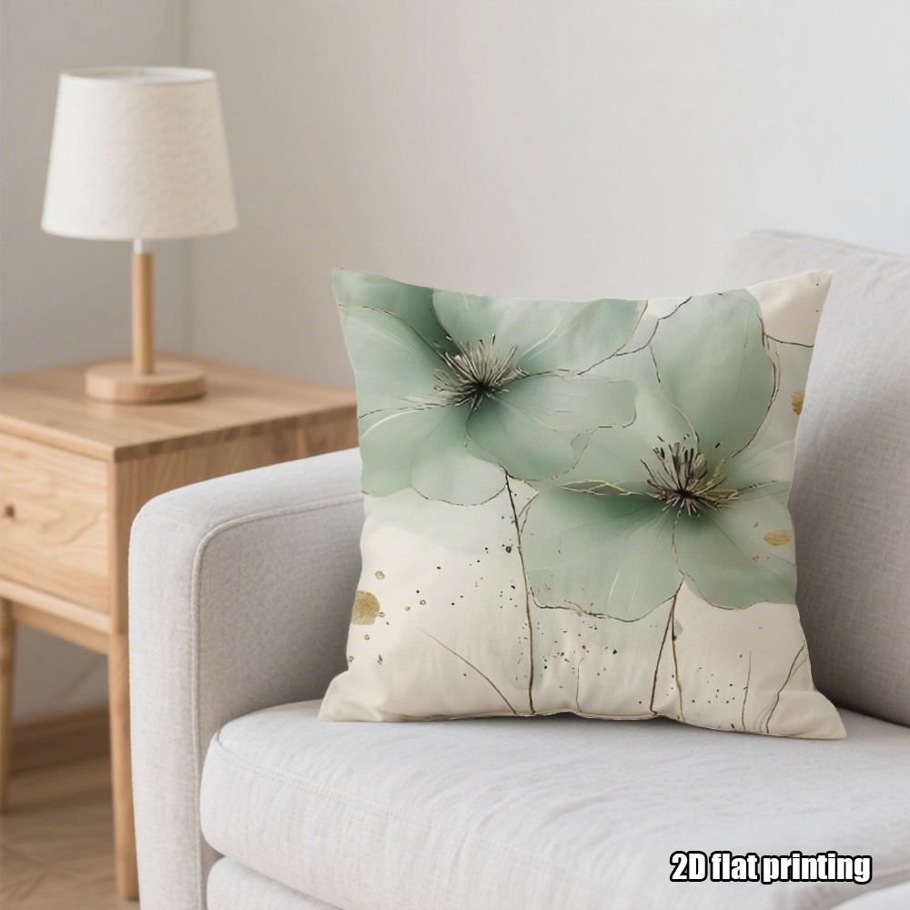 TEMU 1pc Minimalist Mint Green Floral With Golden Accents Pillowcase, Soft Polyester Cushion Cover, Decorative Sofa And Bed Pillowcase, High-quality