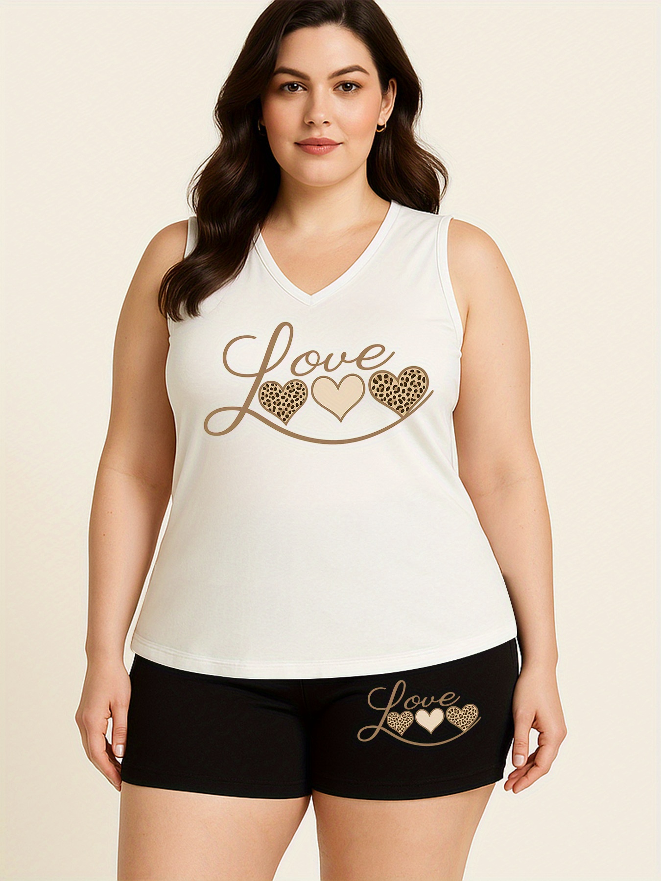 Summer Plus-Size Women's V-Neck Vest and Shorts Set with Leopard Print Heart Pattern Casual Two-Piece Outfit - D345
