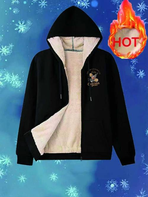 autumn winter fleece lined jacket with drawstring hood thickened pattern print fashionable casual comfortable mens wear