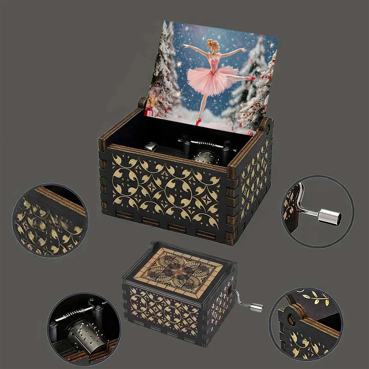 TEMU 1pc Wooden Music Box Ballet Girl Christmas Snow Rotating Music Box Creative Birthday Gift For Girls, , Home Decoration Ornaments, Holiday Gifts,