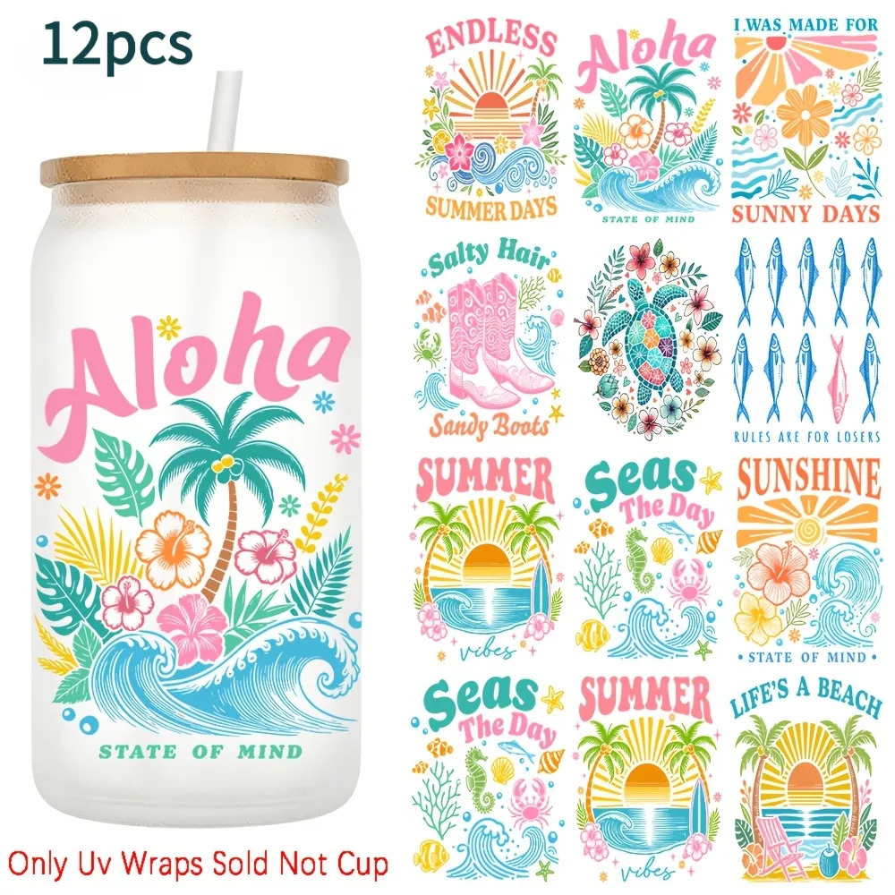 TEMU 12pcs Summer Beach Themed Uv Transfer, Waterproof Transfer For 16oz Glass Cups, Diy Cup Suitable For Ice Cups, Cups, Mugs, Creative Decorative,