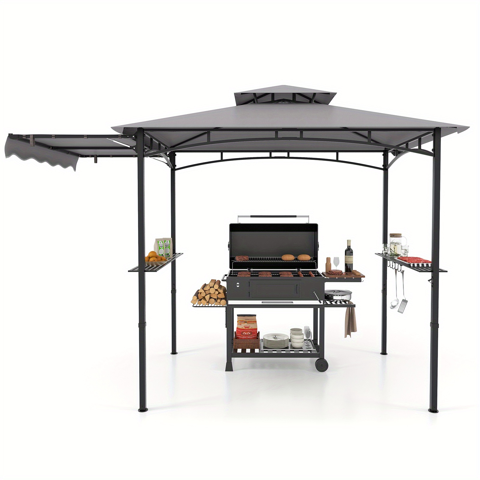Image of 10.5 X 5 Ft Bbq Grill Gazebo With Side Awning, Outdoor Barbecue Canopy Featuring A Double-tiered Roof, 2 Side Shelves, Hanging Hooks, And A Bottle Opener