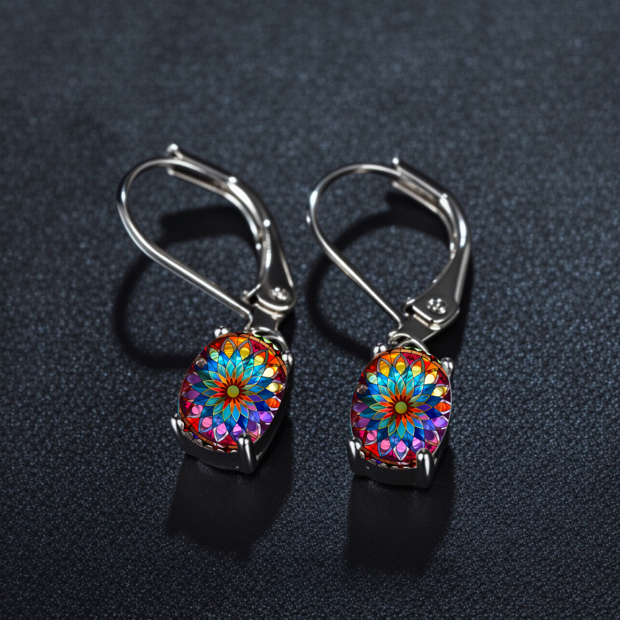 TEMU 2pcs Stained Glass Mandala Earrings, Floral Oval Earrings, Religious Faith Jewelry, Unique Christmas And Valentine Gifts, Everyday And Easter