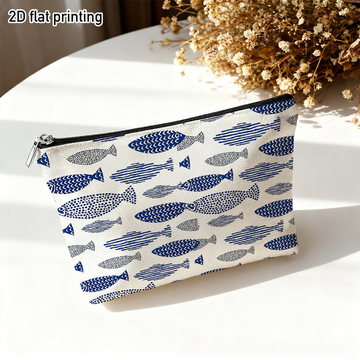 TEMU 2d Flat 1pc Nautical Pattern Blue Fish Makeup Bag, Cute Ocean-inspired Sea Creature Print, Ideal For , Daily Beauty Storage, Trips, For Fashion