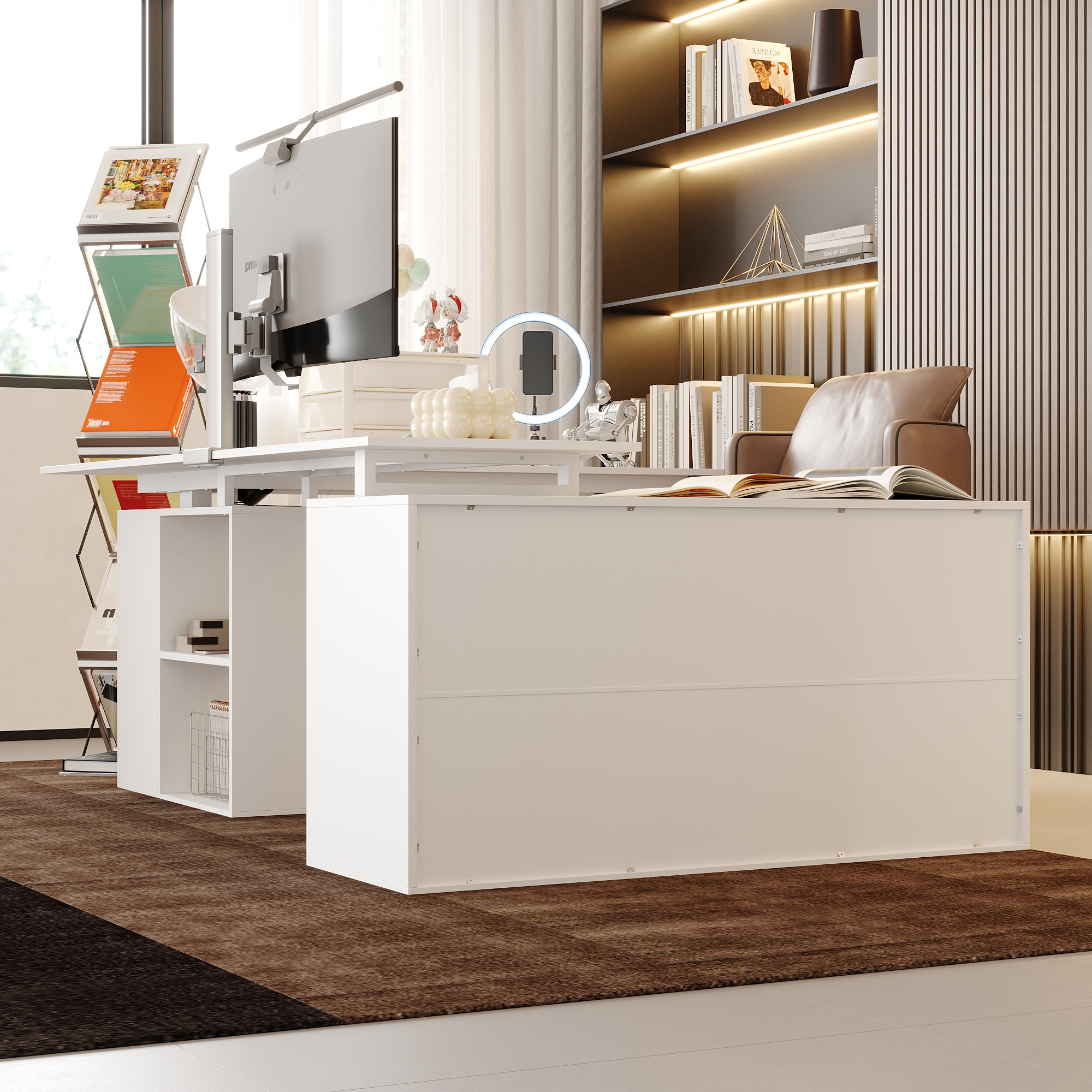 electric height adjustable standing computer desk with open storage shelves adjustable height office desk with with drawer administrative     white Product details 2