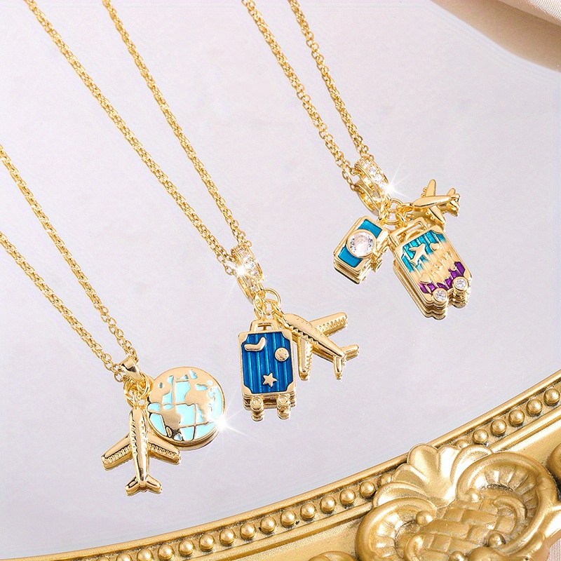 Travel Elements Necklace for Women, Camera Luggage Airplane Pendant