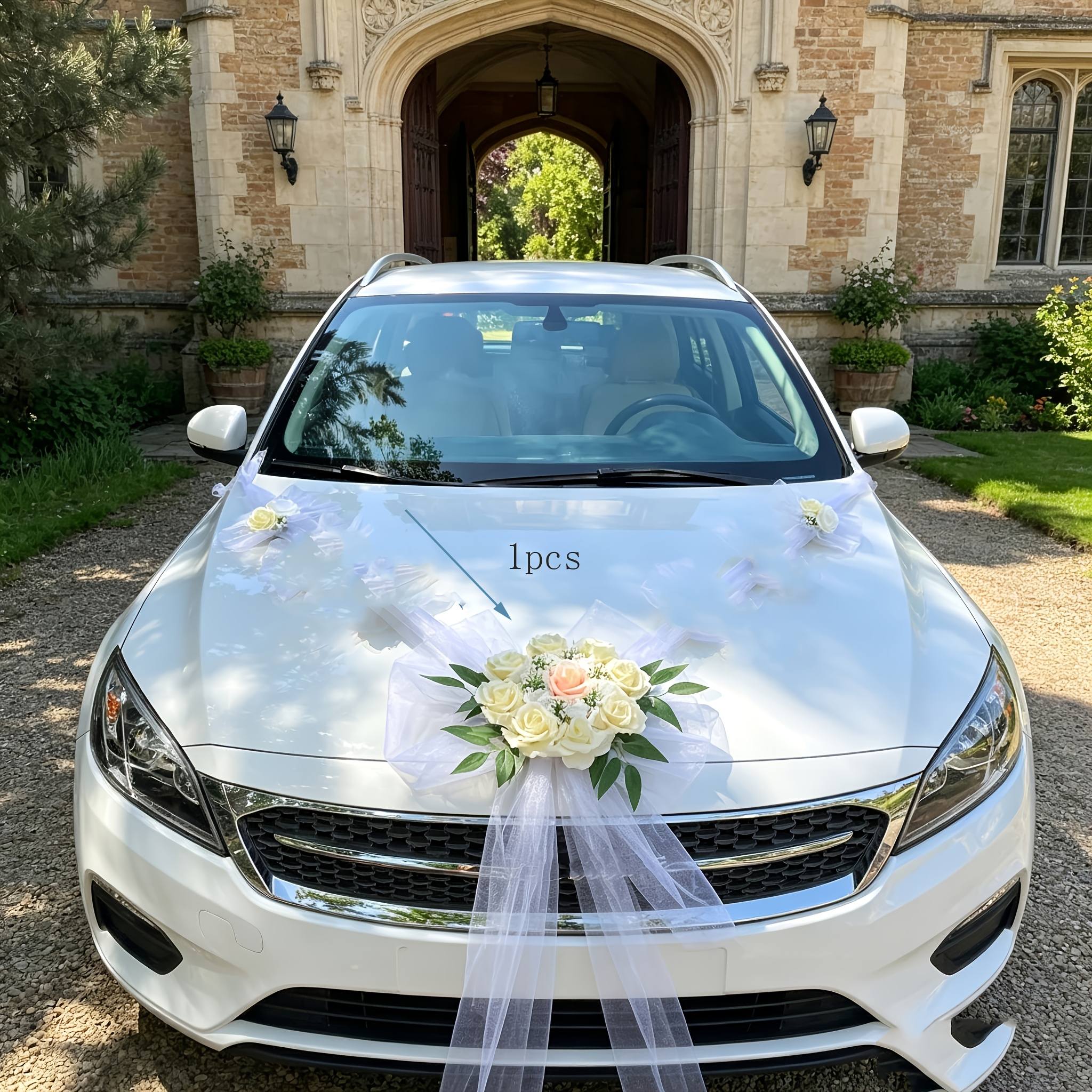 TEMU ensemble complet de décoration de coiffe pour voiture de mariage | Ensemble en tulle avec roses artificielles couleur champagne pour décorations