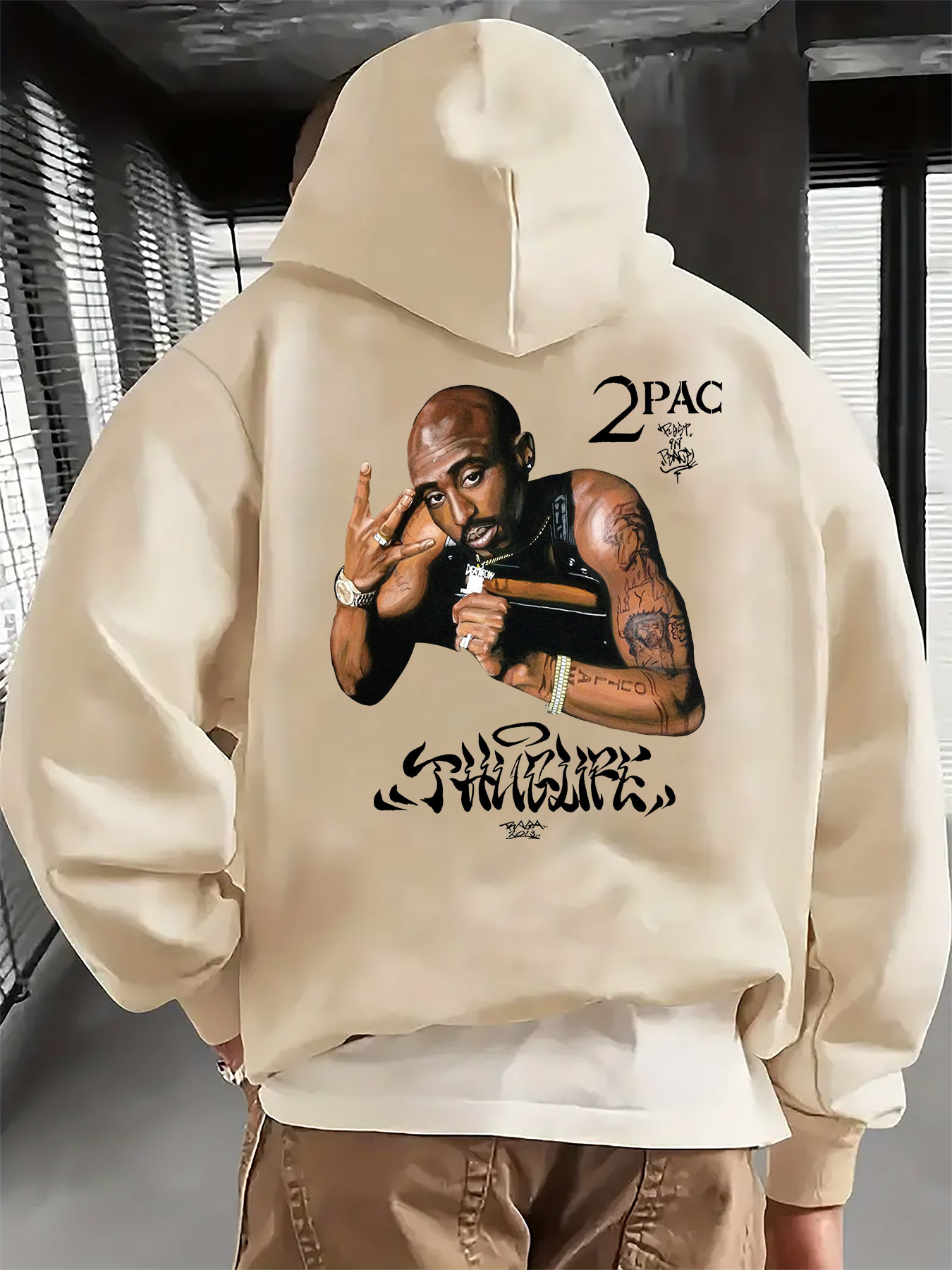 Men'S Casual Hoodie Featuring a "2Pac Rap Hand-Drawn" Print on The Back, Long-Sleeve Pullover with a Front Pocket, Machine Washable, Warm Sweater for Autumn And Winter, Everyday Pullover, Durable Patterned Sweatshirt. - Image 3