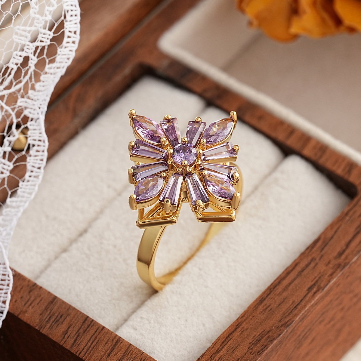 women   steel 360° rotating color-changing flower ring - luxury   (purple, green, pink, red, clear -accented) with rotatable center, everyday & party jewelry gift for birthdays, christmas,   - durable & affordable rotatable design,   wear, elegant statement piece for women Product details 2