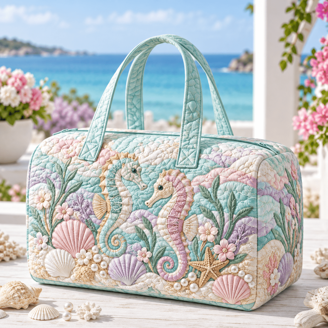 TEMU Women's Pastel Coral Seahorse & Print Retro Large Capacity Duffel Bag - Quilted Travel Shoulder Carryall With Double Handles, Zipper Closure,