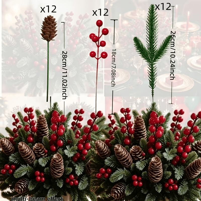 TEMU Ensemble de 36 pièces de décorations de Noël, comprenant des aiguilles de pin artificielles, des pommes de pin artificielles et des bouquets de