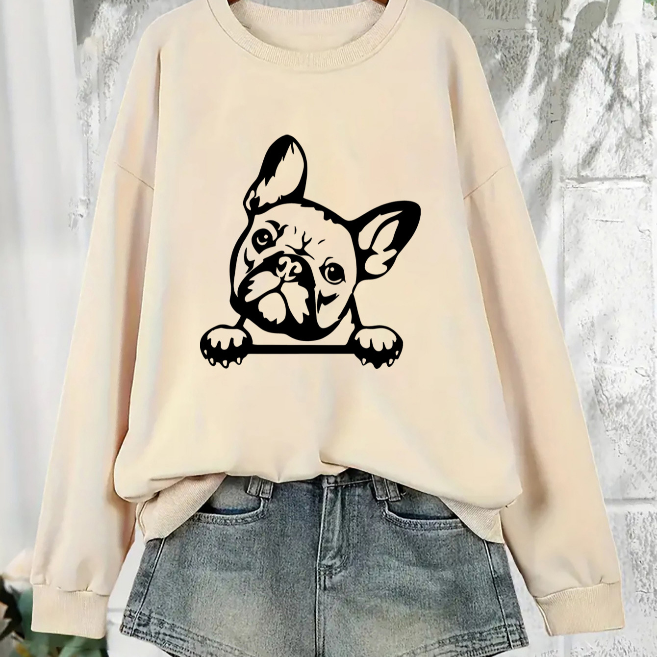 

1pc Women's French Bulldog Print Sweatshirt, Casual Crew Neck Long Sleeve Pullover, Knit Polyester Fabric With Stretch, Fashionable Adult Sportswear