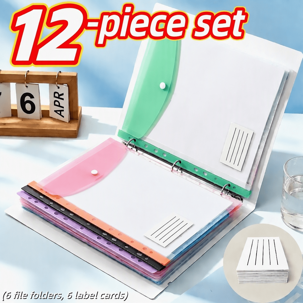 TEMU 12-pack A4 Binder Pouches With Snap Button Closure, 6 Thickened 11-hole Plastic File Organizer Bags And 6 Label Cards, Random Colors, Reusable
