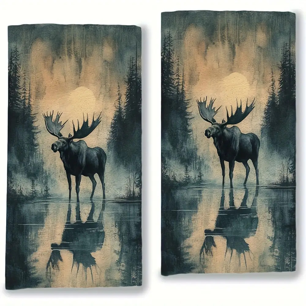TEMU 2pcs Ultra Towels- Moose In Pond Landscape, Highly Absorbent And Hand Wash Dish Towels, Modern Decor, 16x 24inch, Dish Towels For Kitchen Use