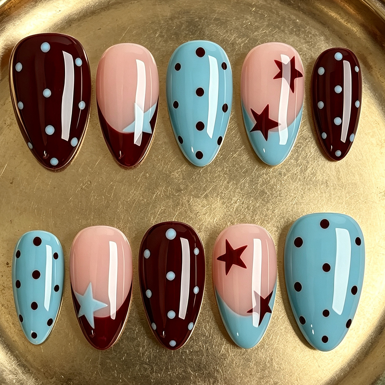 TEMU Show Your Beauty - 10pcs Classic Minimalist Blue & Caramel Striped Star Polka Dot Glossy Press-on Nails, Effect, Fashionable And Versatile,