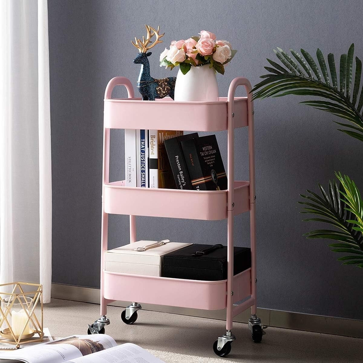 Image of Kitchen Trolley, Service Trolley, Storage Trolley, 3 Tiers, 43x30x76.5 Cm, Pink.