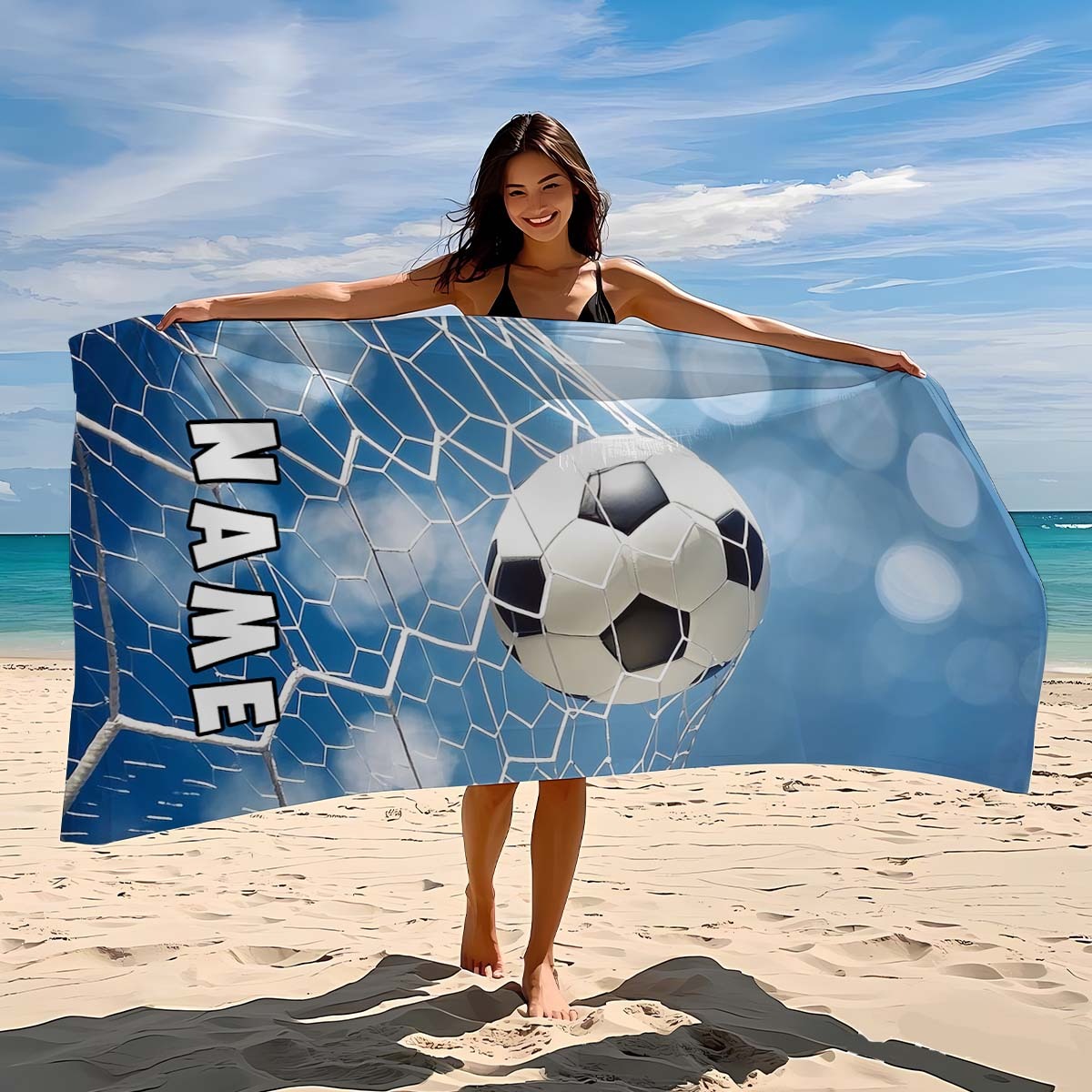 E-shop 1 Stück Anpassbares Namens Fußballtor Strandtuch - Schnelltrocknend, Sandabweisend, Polyesterfaser, Hochsaugfähig, Weich und Waschmaschinenfest,