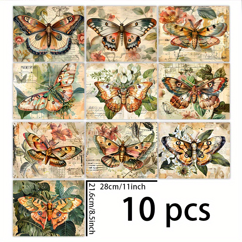 TEMU 1 Set Van 10 Bladen (11*8.5 Inch) Uitstekende Vlinder Insect Plant Achtergrondmateriaal Decoratie DIY Retro Dagboek Junk Dagboek Greeting Card