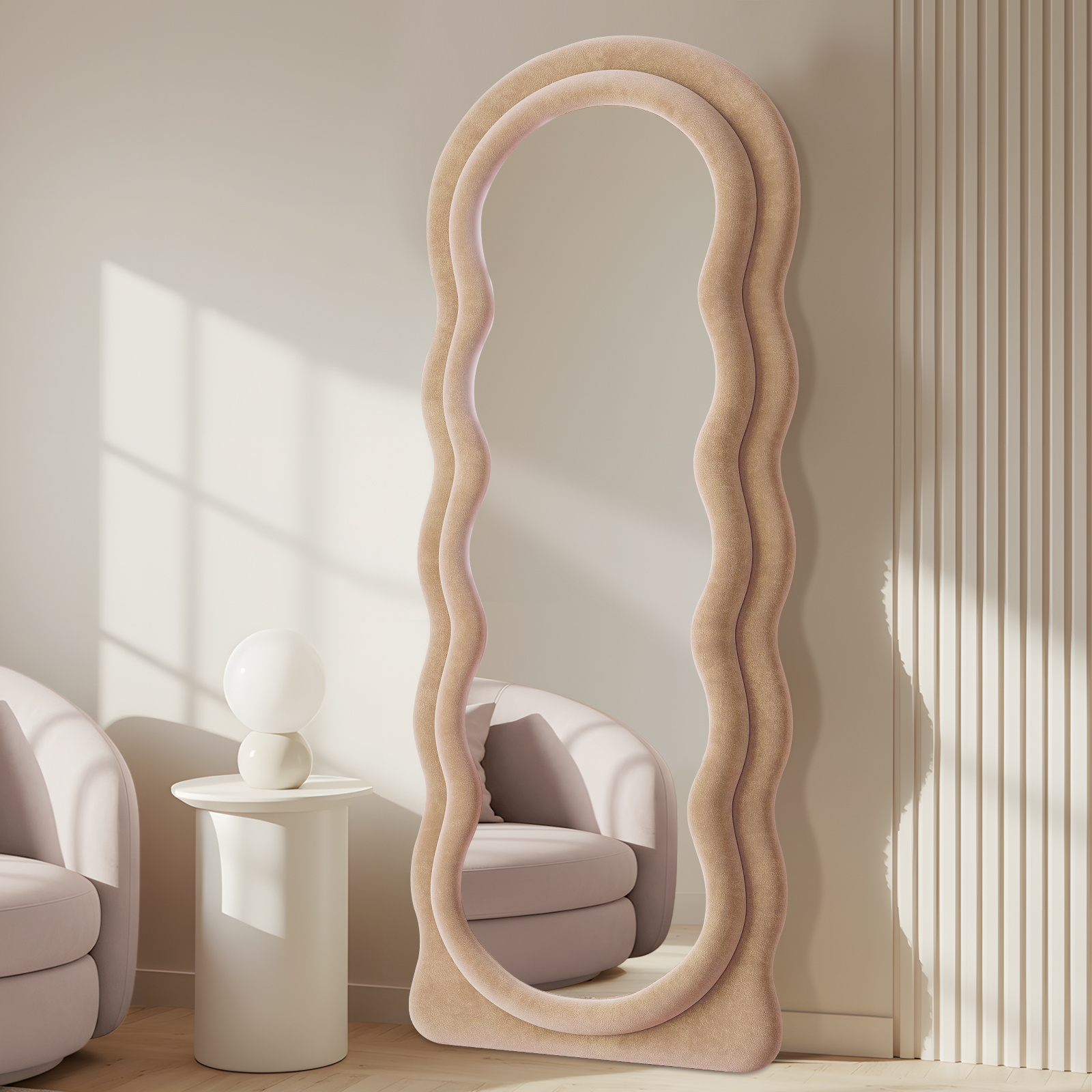 61x161cm Wall Mounted Bathroom Vanity Makeup Mirror, Irregular Wavy Full Length Mirror, Wave Arched Flannel Wrapped Frame, Wall Hanging For Bathroom