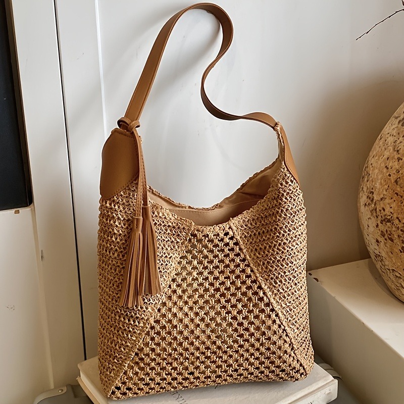 TEMU [bohemian/vintage ] Lazy Style Woven Hollow Grass Mat Women's Shoulder Bag | Large Capacity Crescent Bag Shape, With Tassel Pendant, Single