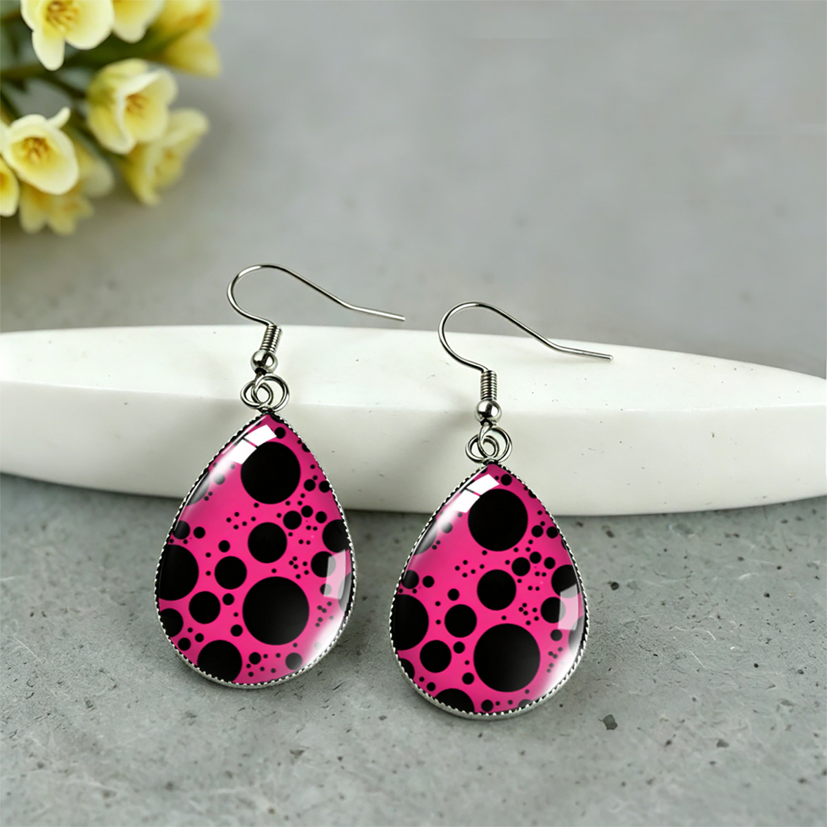 Women's Rose Pink and Black Polka Dot Teardrop Earrings