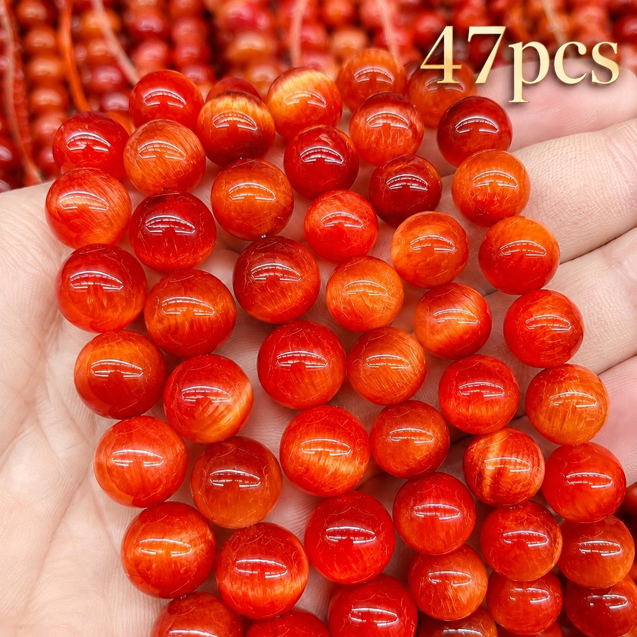 TEMU 47pcs Red Yellow Eye Stone Loose Beads With Holes, Glass Material Jewelry Materials, Jewelry Bead Stringing, Handmade, Decorative Supplies, Used