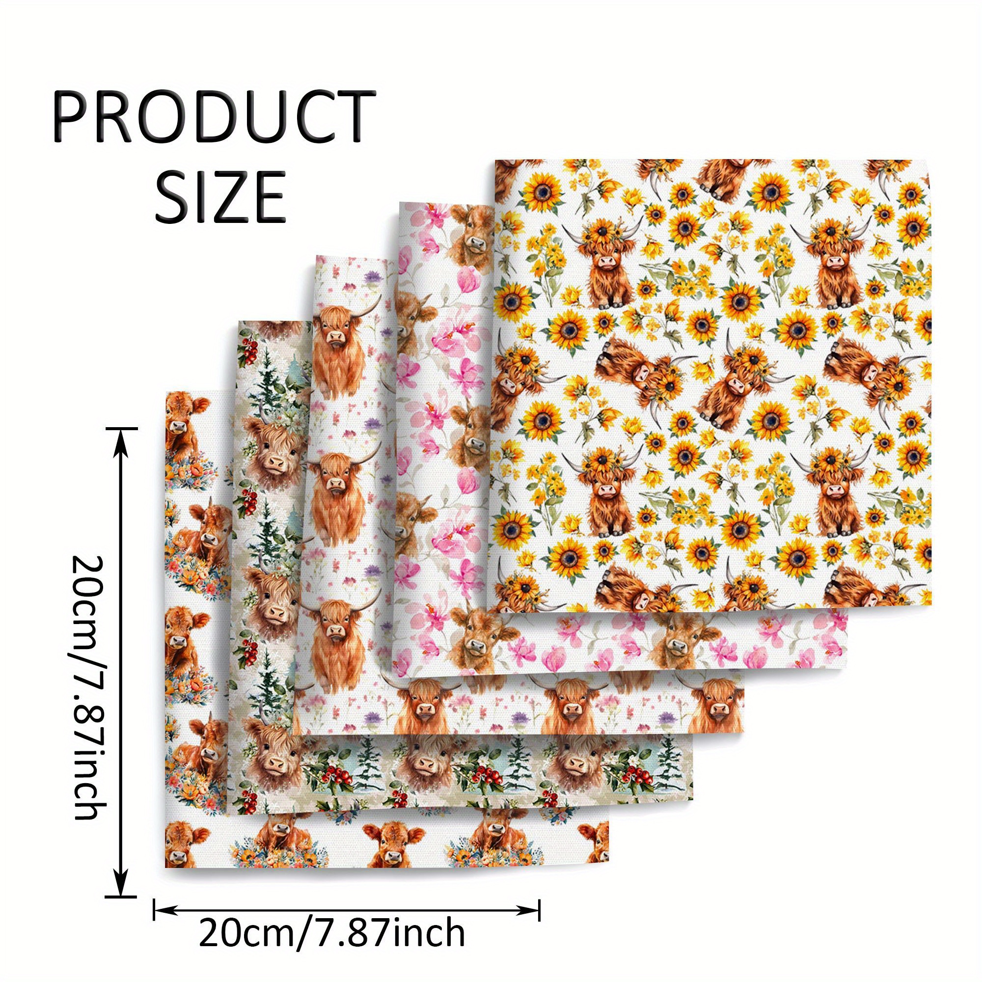 TEMU Ensemble de 5 pièces de tissu de quilting prédécoupé en polyester avec imprimé et vache, 20X20cm/50X45cm, feuilles carrées pour la couture, le
