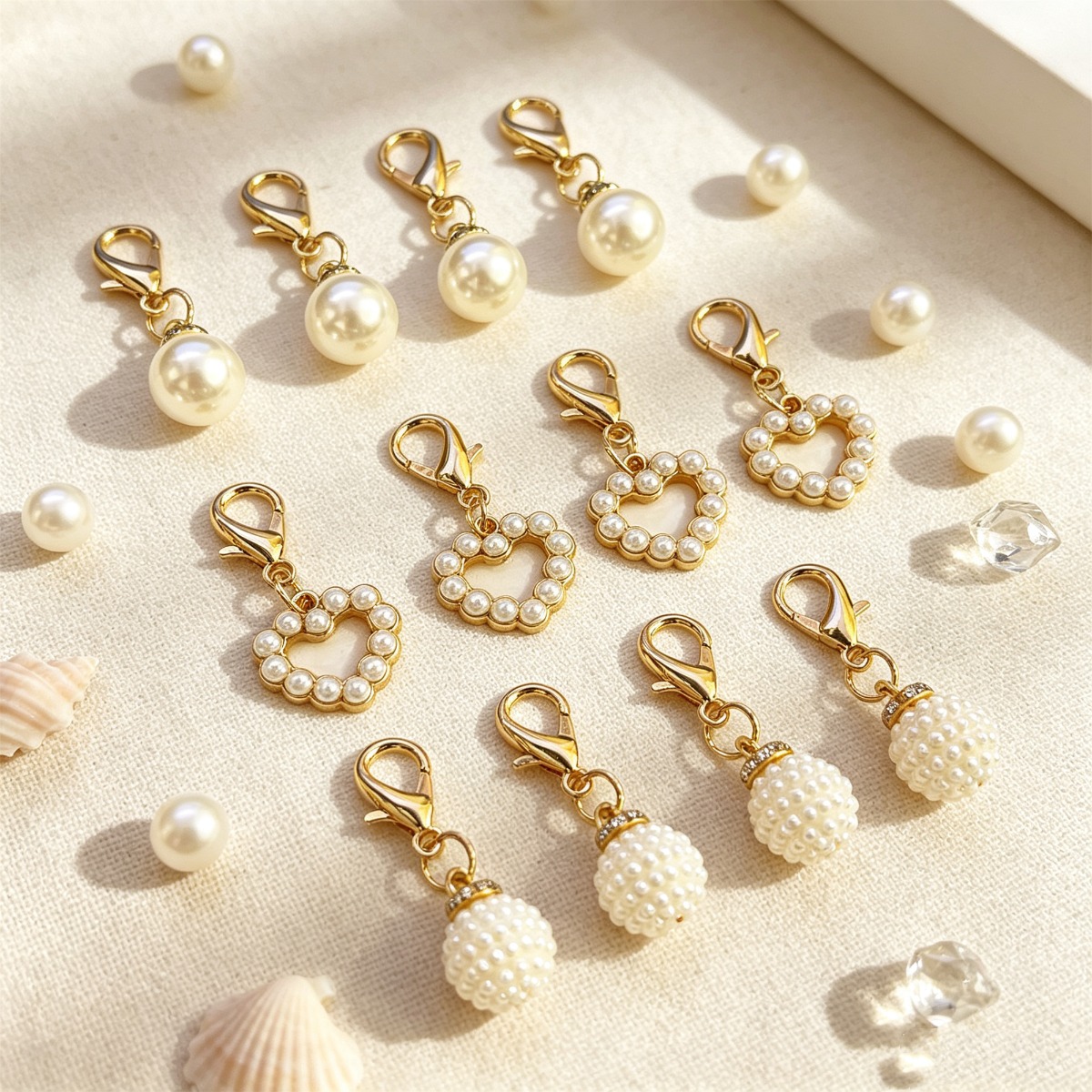 TEMU 12pcs, Mini Breloques de Perles Simulées avec Porte-clés à , Cœur, Pendentif de Boule de Perle Simulée pour Chaussures, Sacs, Clés de Voiture,