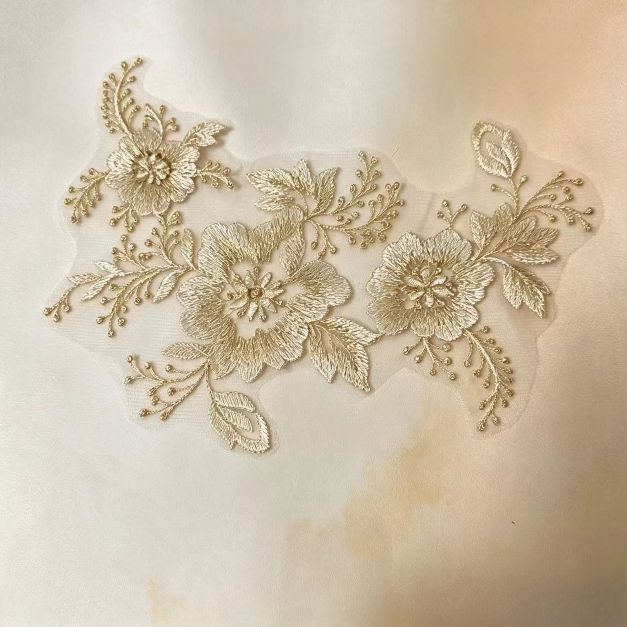 Light Golden Tulle Triple Peony Floral Embroidery Applique for Dresses