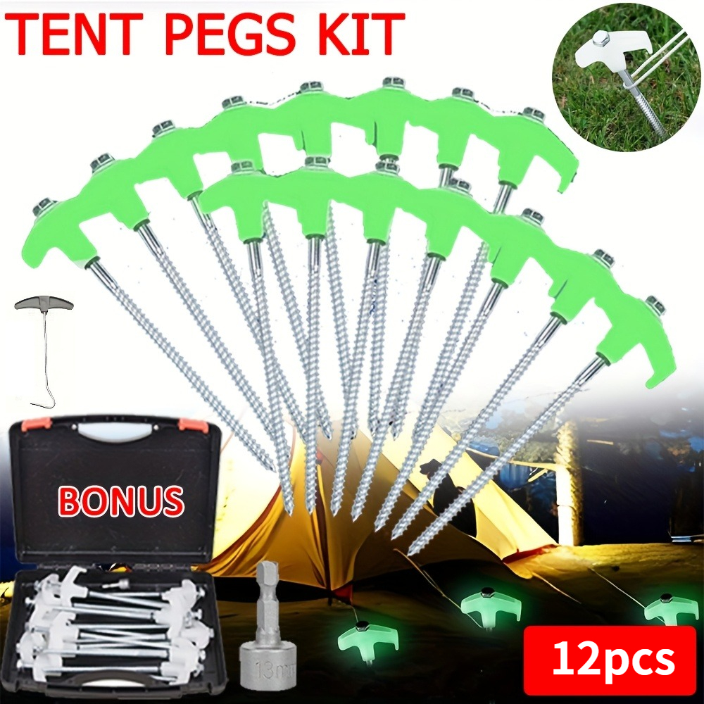 TEMU 12-pack -the-dark Tent Pegs - Heavy Duty Steel Spiral Tent Stakes Set - Camping Outdoor Use