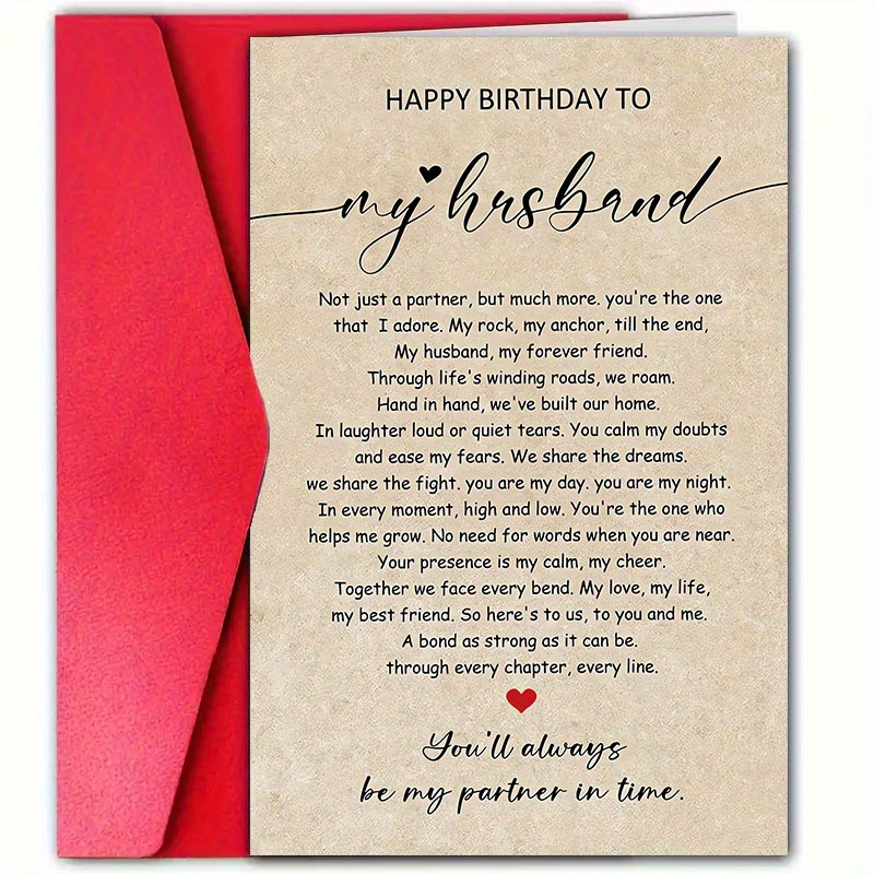 TEMU Happy Birthday Card For My Husband With Envelope - 4.7 Inches, Romantic Message For Valentine's Day, Special Occasions, Beige And Black Writing,