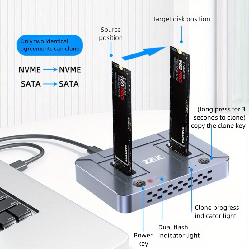 estación de clonación de disco dual zvx usb3.2 nvme/sata - transferencia de   en línea rápida,   cambio, ideal para uso en   y regalo,   de almacenamiento externo, eficiencia en   | estación de clonación moderna | calidad de construcción  , clonador de unidades de disco 5