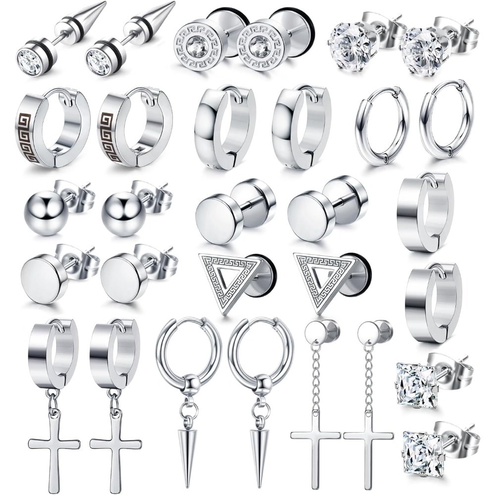 Image of 15pairs Mens Earrings - Stainless Steel Silvery Black Stud, Hoop & Dangle Earrings Set - Hypoallergenic For