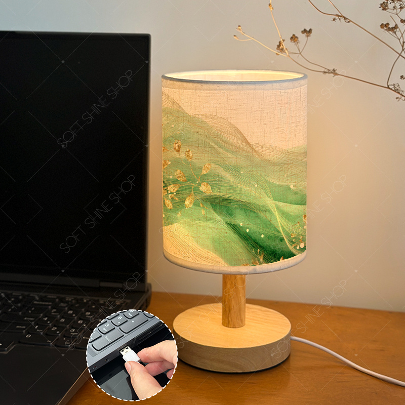Printed Table Lamp with Fabric Shade, USB-Powered LED Light