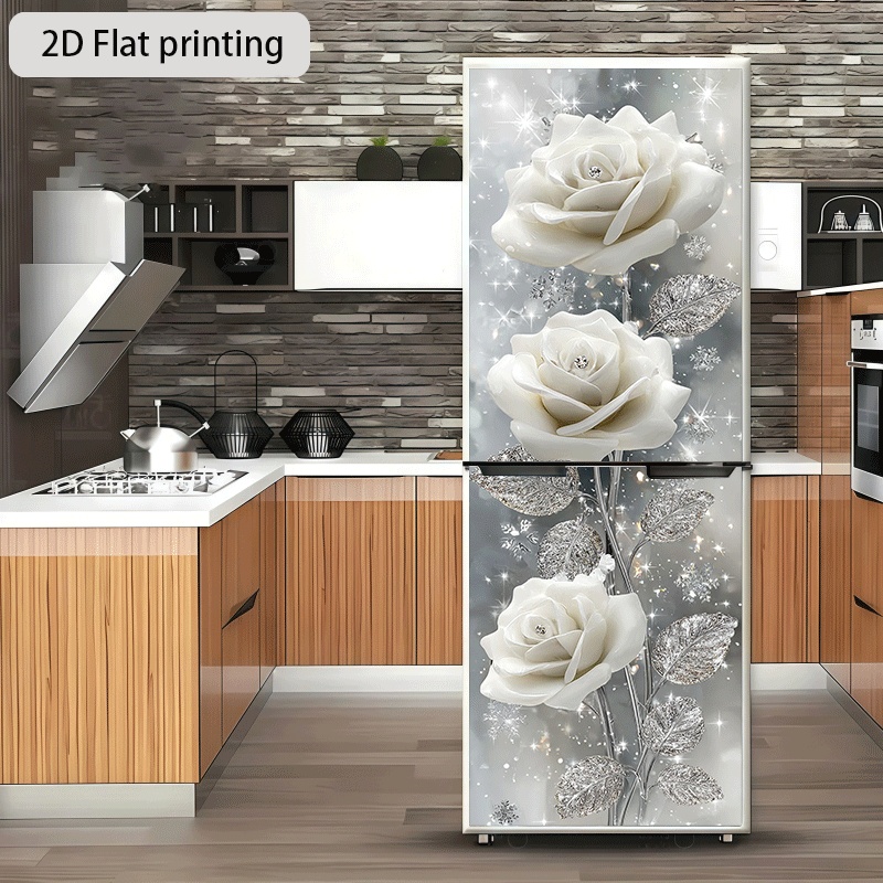 E-shop [2D Flachdruck] . Kühlschrankaufkleber 60×180 cm Schnee Diamant Weiß Rosen Thema Design Wandaufkleber Dekoration Tapete Selbstklebend für